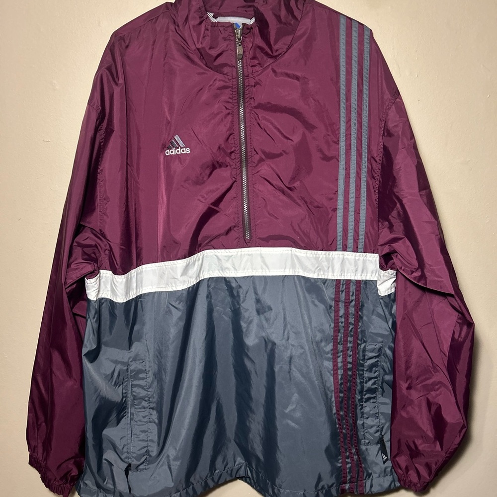 Vintage Adidas quarter-zip windbreaker in maroon, white and grey